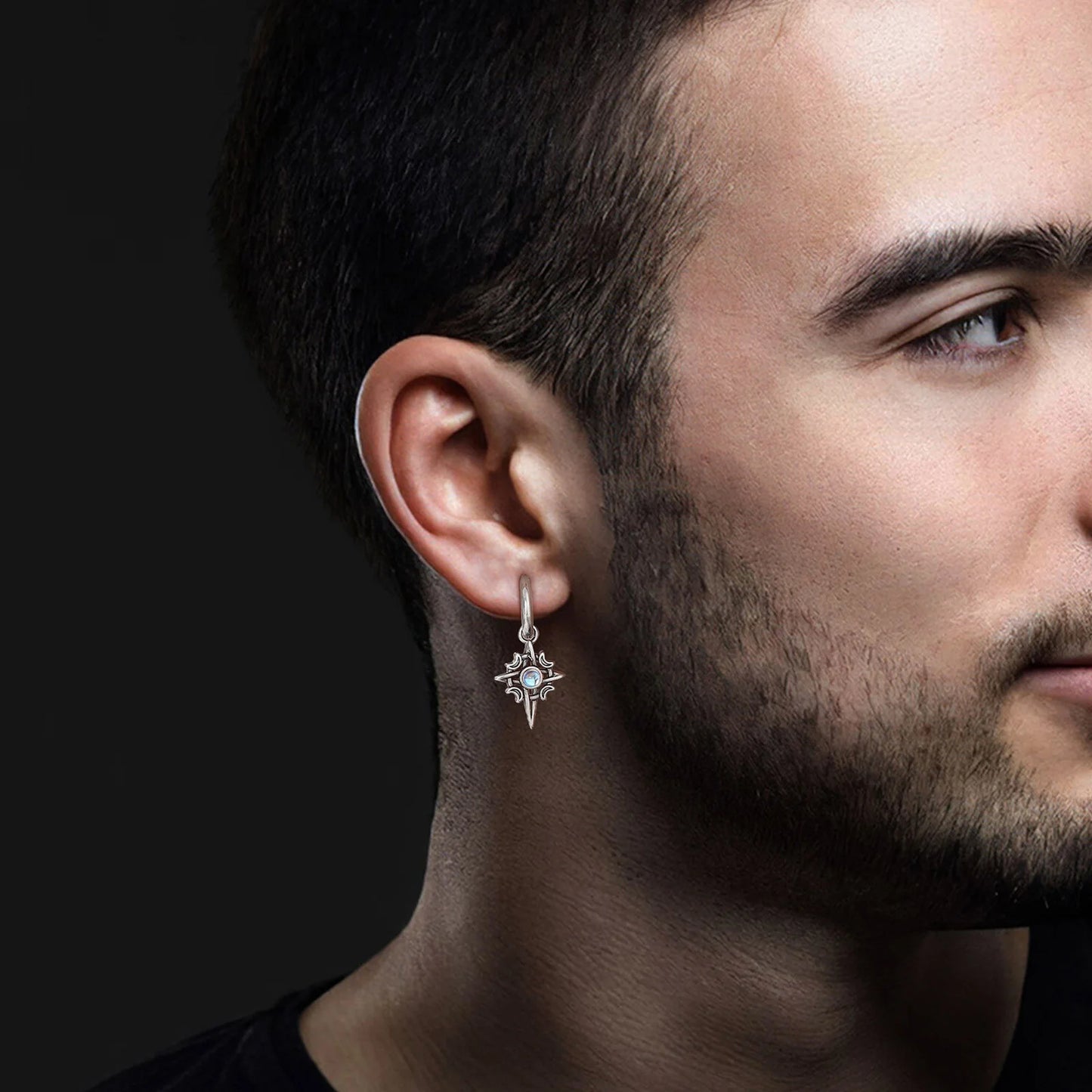 Brinco Masculino em Aço Argola Moon Stone