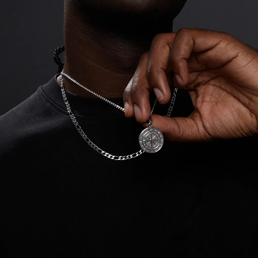 Conjunto de Corrente + Colar Masculino em Aço Inox Compass (2 peças)