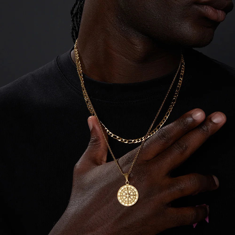 Conjunto de Corrente + Colar Masculino em Aço Inox Compass (2 peças)