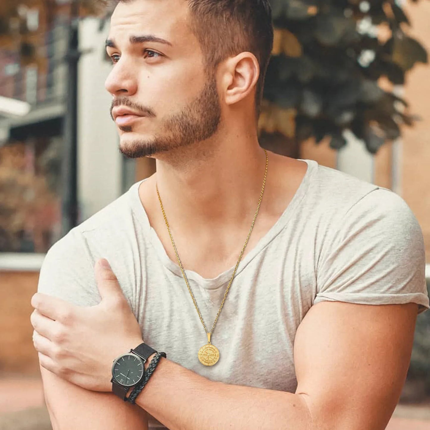 Conjunto de Corrente + Colar Masculino em Aço Inox Compass (2 peças)