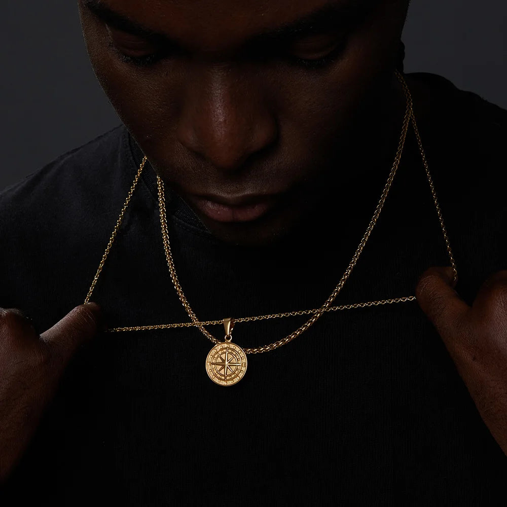 Conjunto de Corrente + Colar Masculino em Aço Inox Compass (2 peças)