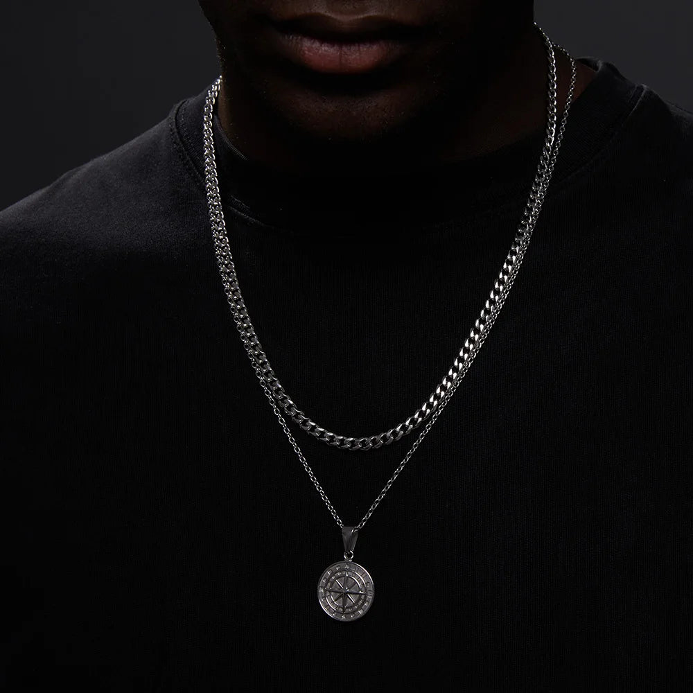 Conjunto de Corrente + Colar Masculino em Aço Inox Compass (2 peças)