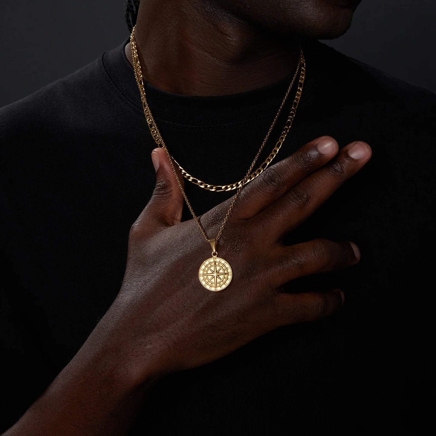 Conjunto de Corrente + Colar Masculino em Aço Inox Compass (2 peças)