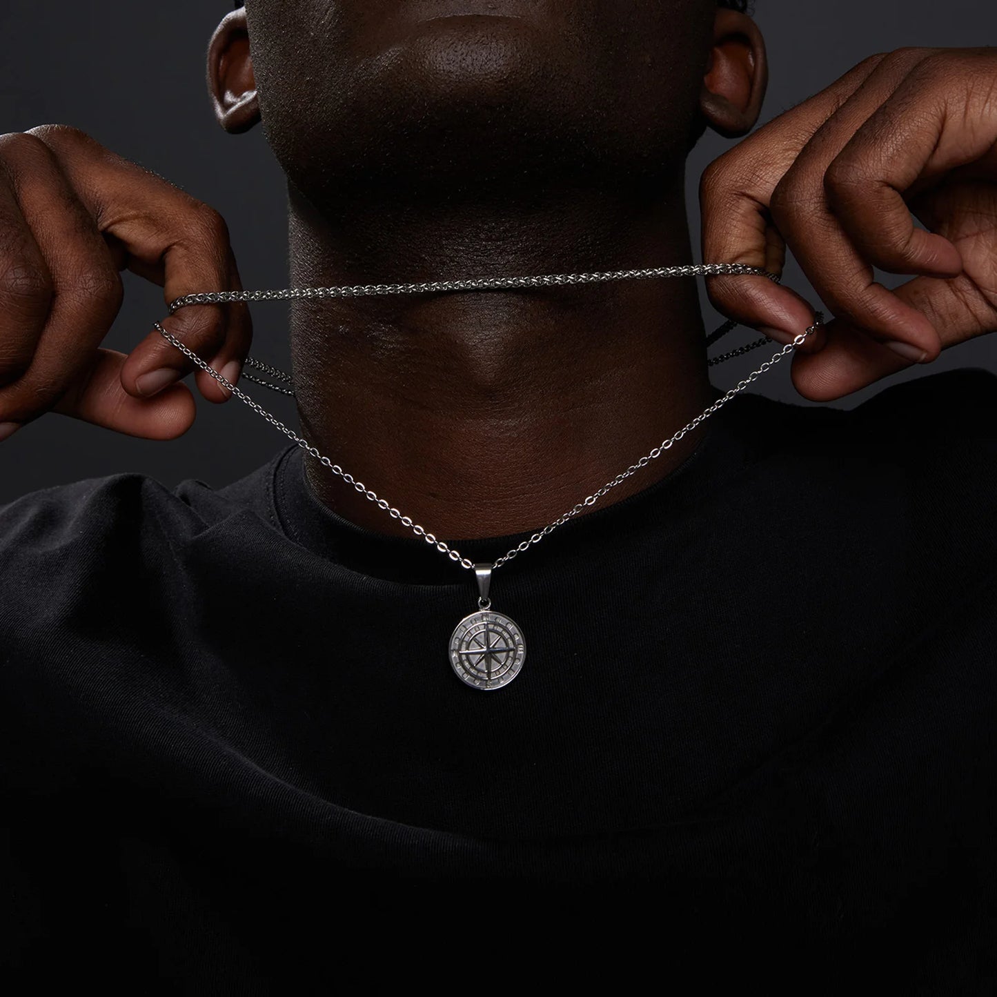 Conjunto de Corrente + Colar Masculino em Aço Inox Compass (2 peças)