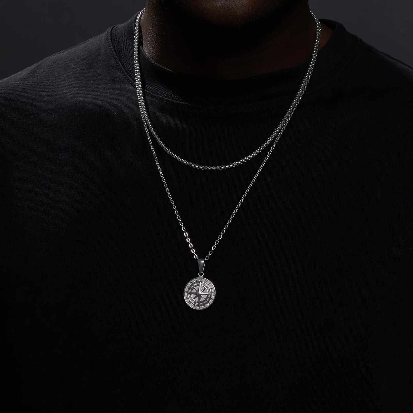 Conjunto de Corrente + Colar Masculino em Aço Inox Compass (2 peças)