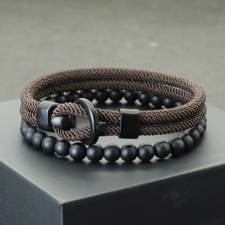 Conjunto de Pulseiras Masculinas em Paracord e Ônix Preto (2 Peças)