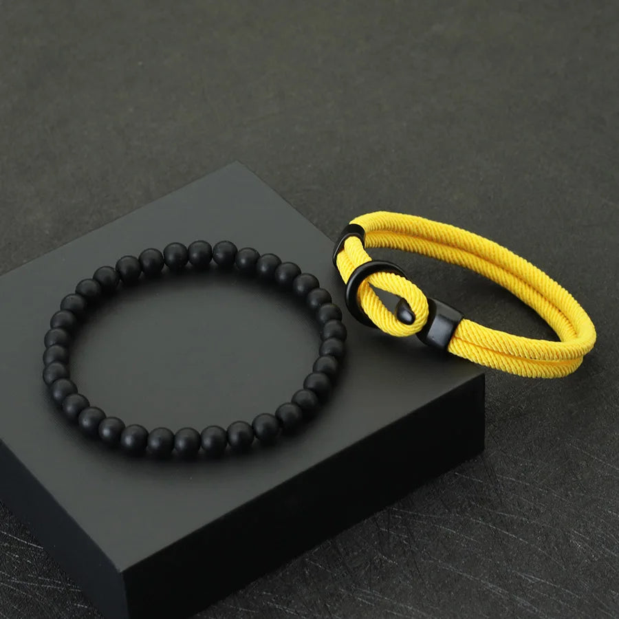 Conjunto de Pulseiras Masculinas em Paracord e Ônix Preto (2 Peças)