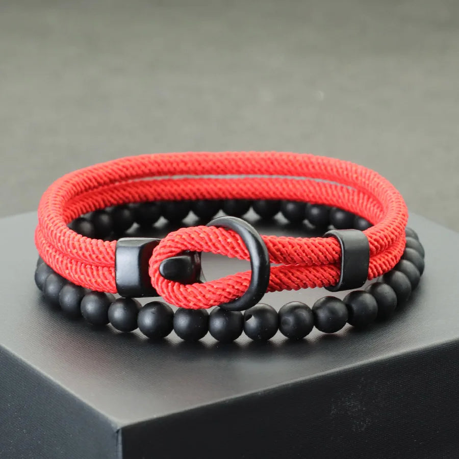 Conjunto de Pulseiras Masculinas em Paracord e Ônix Preto (2 Peças)