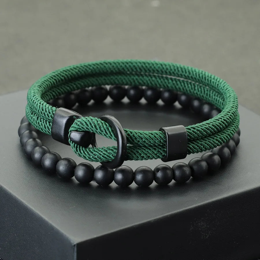 Conjunto de Pulseiras Masculinas em Paracord e Ônix Preto (2 Peças)