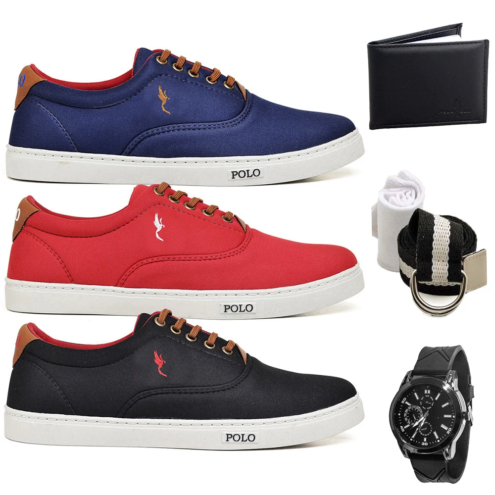 Kit com 3 Pares de Tênis Casual Masculino + Carteira, Relógio e Cinto de Brinde!