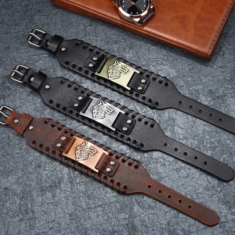 Pulseira Masculina em Couro Wolf