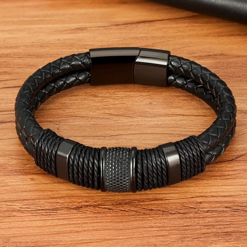 Pulseira Masculina em Couro e Aço Argus