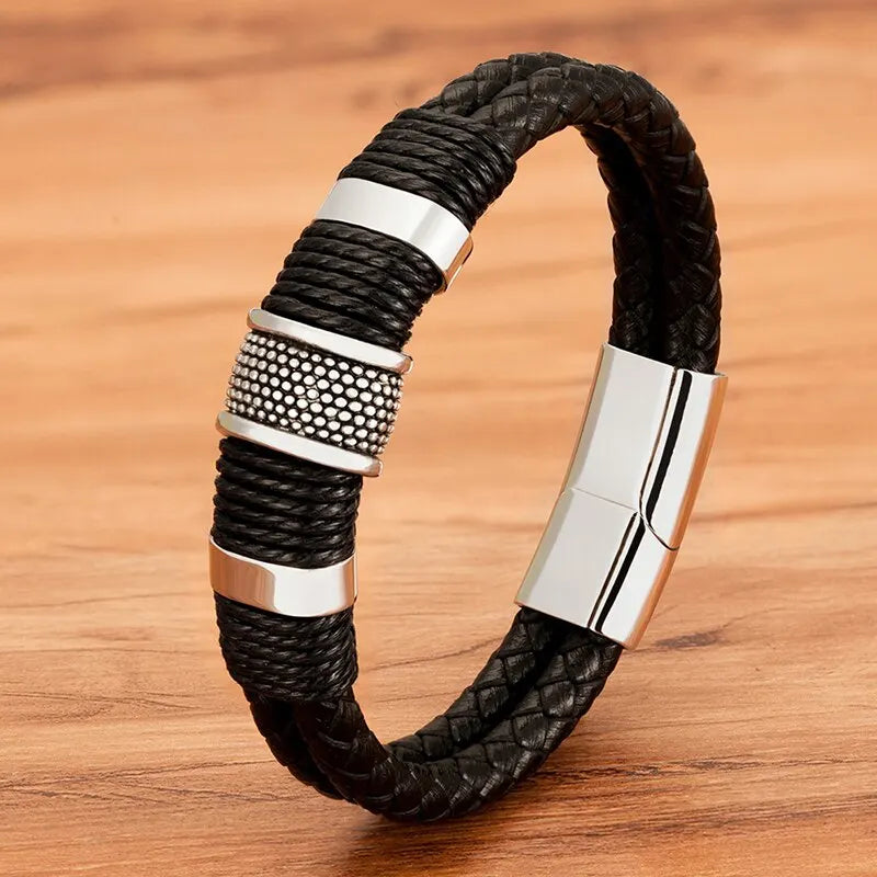 Pulseira Masculina em Couro e Aço Argus