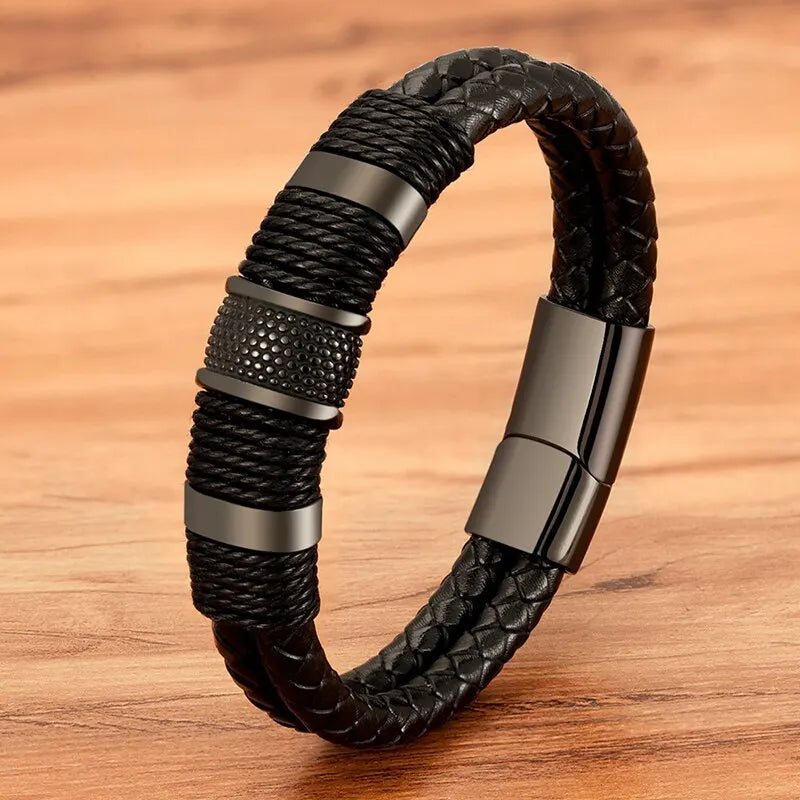 Pulseira Masculina em Couro e Aço Argus