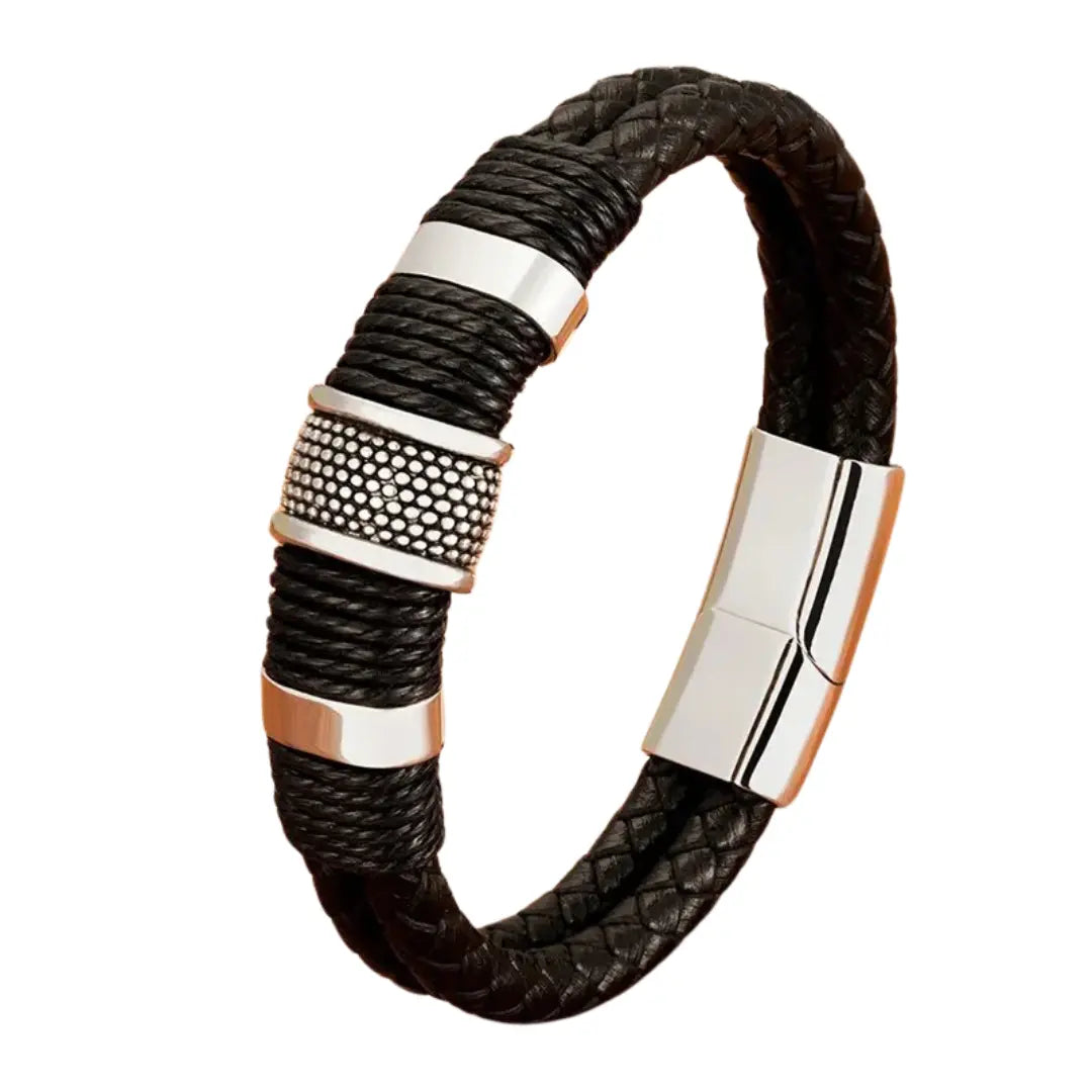 Pulseira Masculina em Couro e Aço Argus
