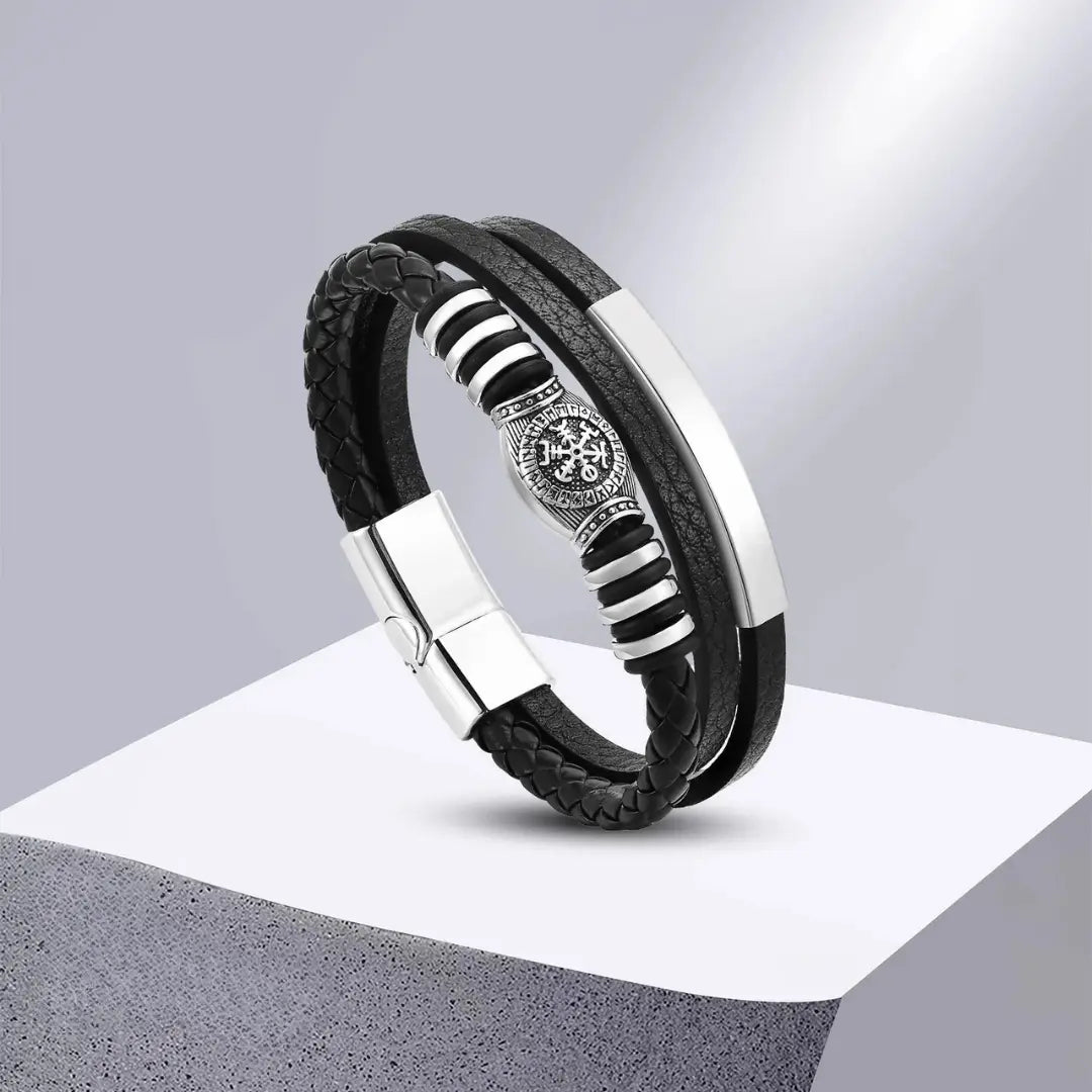 Pulseira Masculina em Couro e Aço Rune
