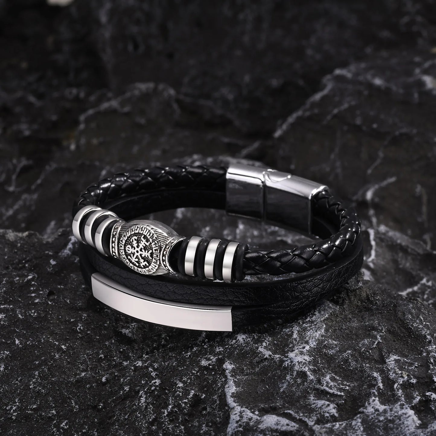 Pulseira Masculina em Couro e Aço Rune