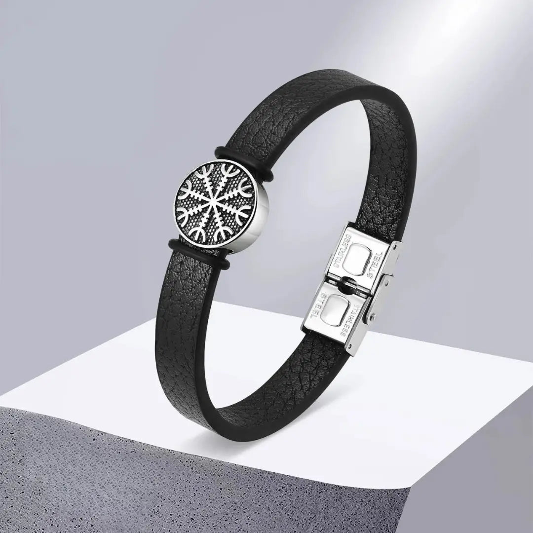 Pulseira Masculina em Couro e Aço Viking Compass
