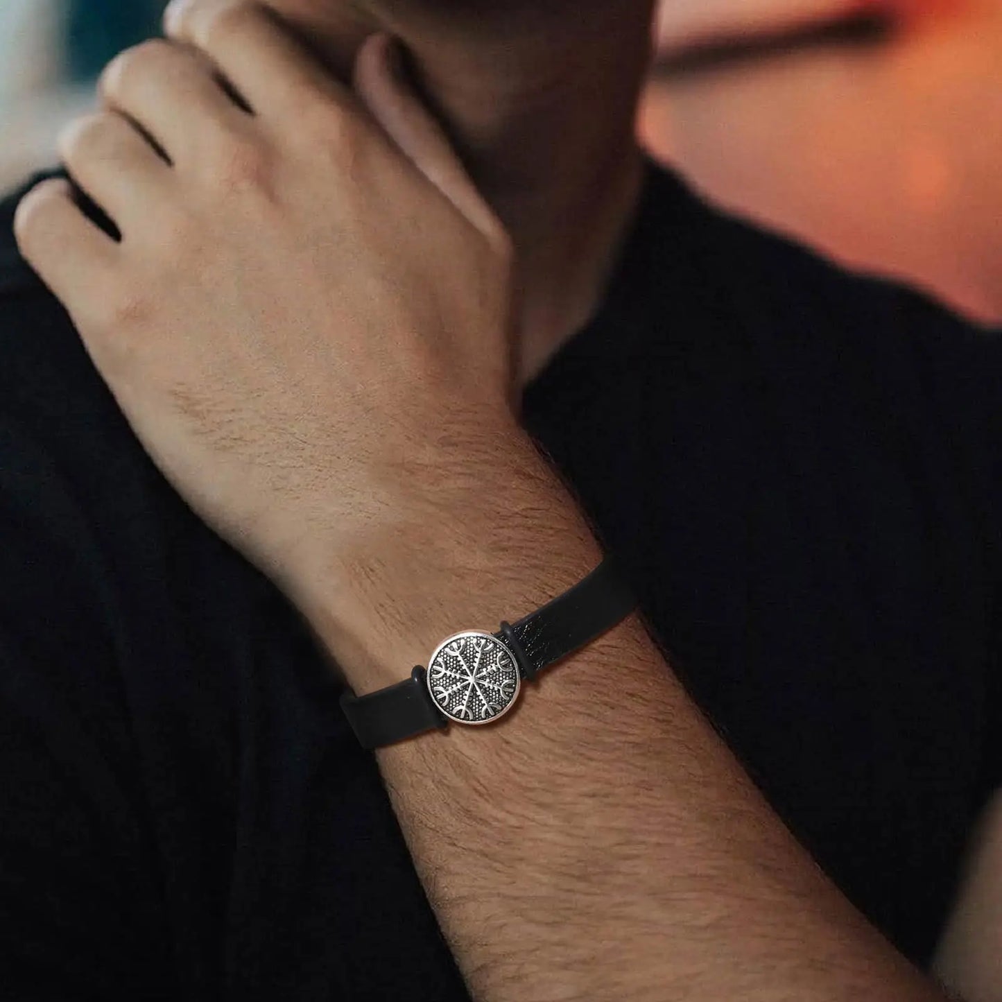 Pulseira Masculina em Couro e Aço Viking Compass