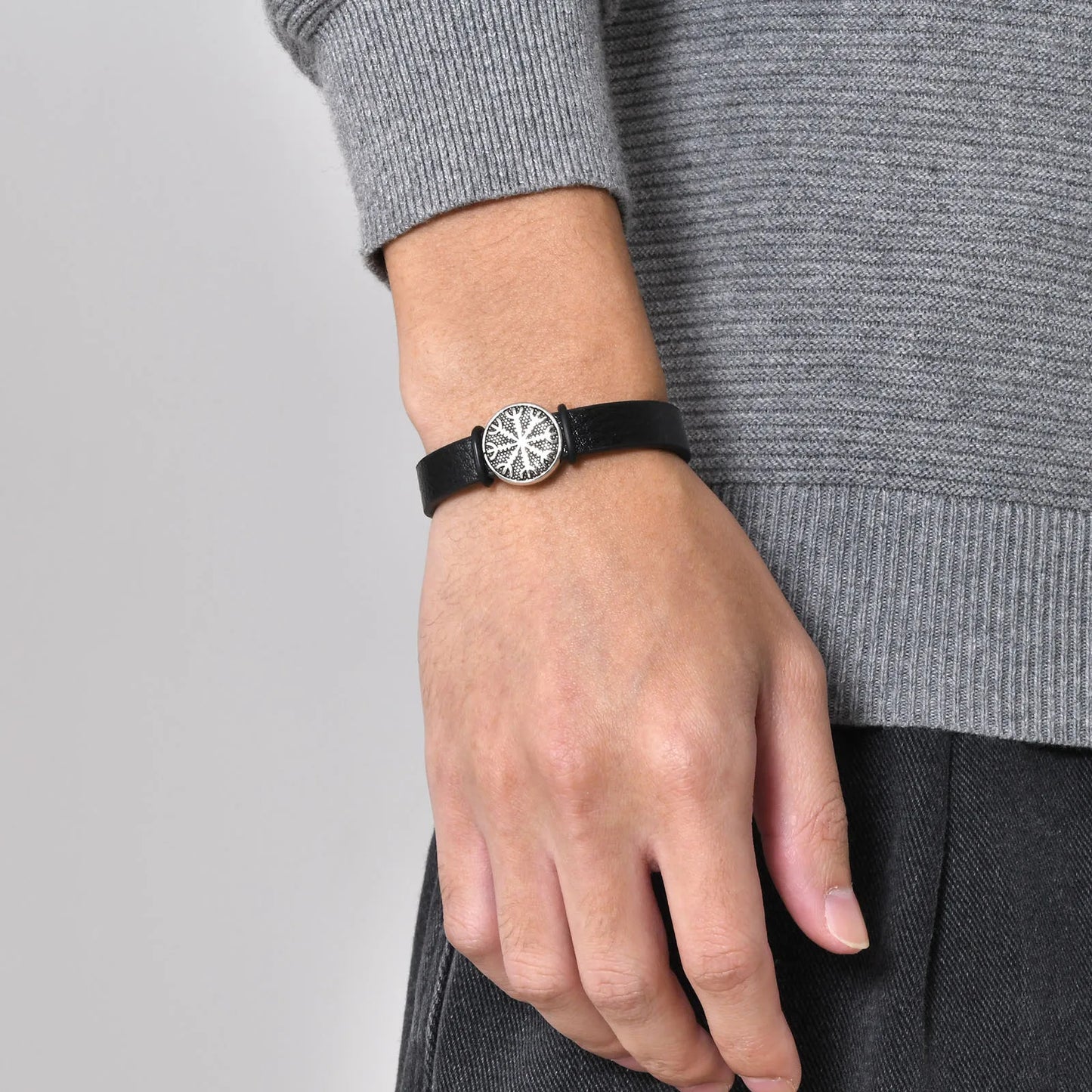 Pulseira Masculina em Couro e Aço Viking Compass
