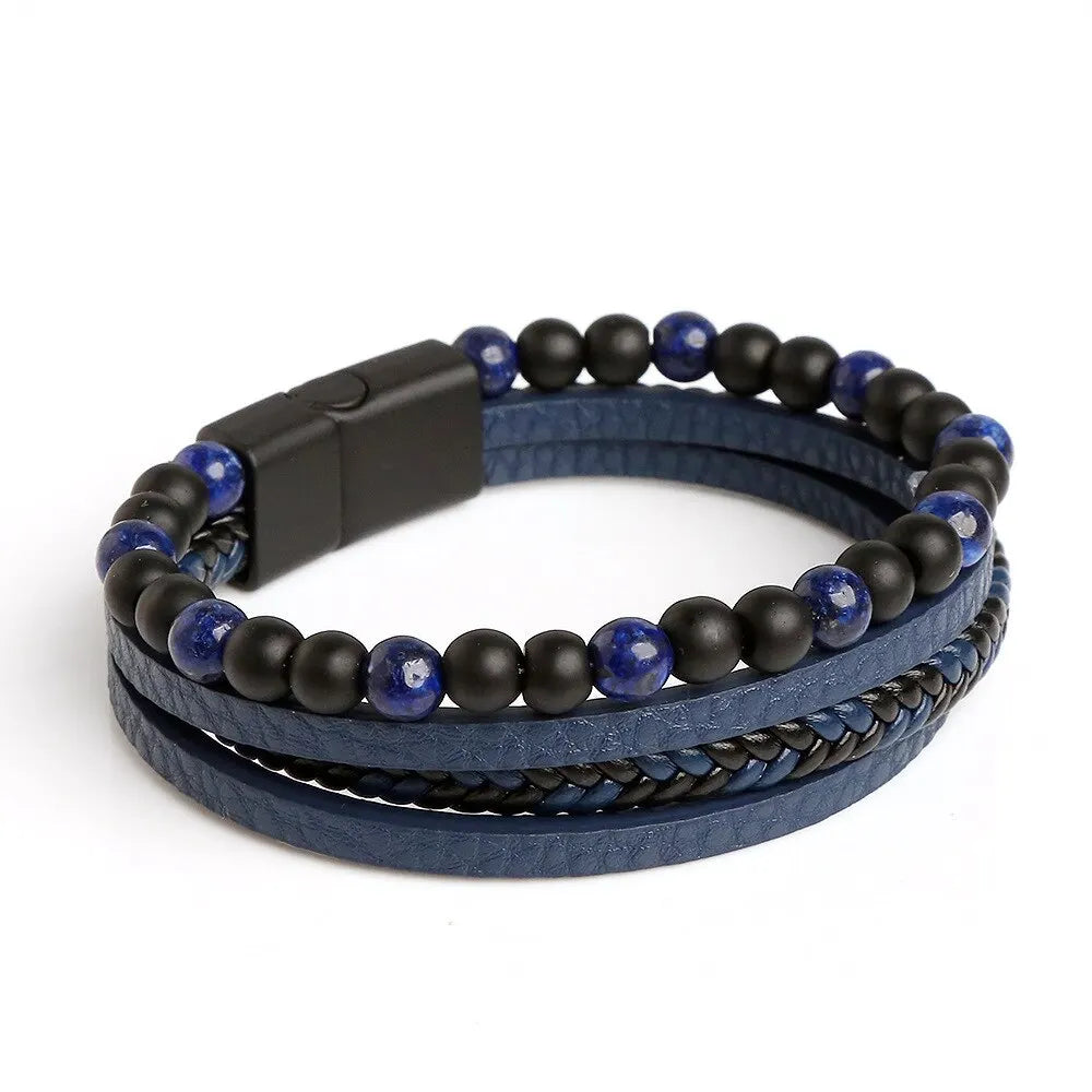 Pulseira Masculina em Couro e Pedras Naturais Tiger