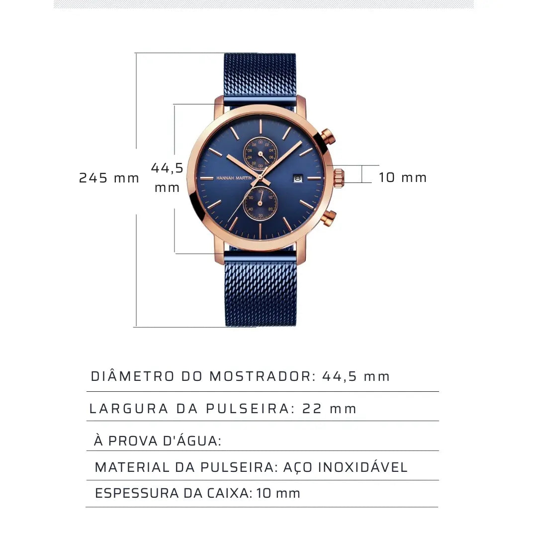 Relógio Masculino Aço Inox Quartzo Hannah Martin Deluxe