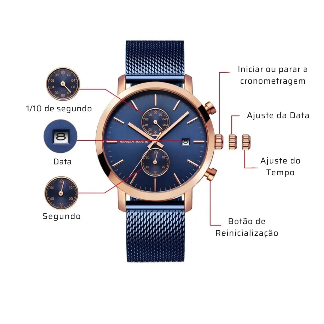 Relógio Masculino Aço Inox Quartzo Hannah Martin Deluxe