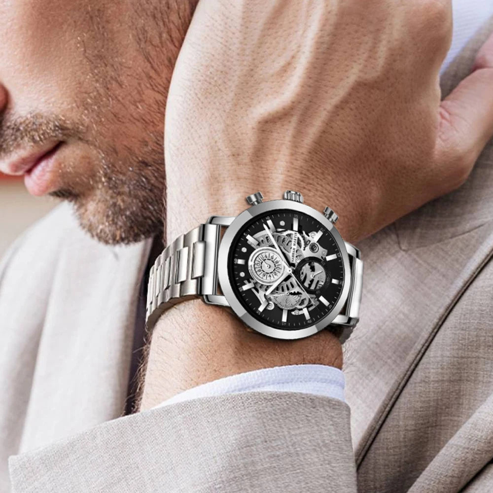 Relógio Masculino Aço Inox Quartzo Hannah Martin Engine