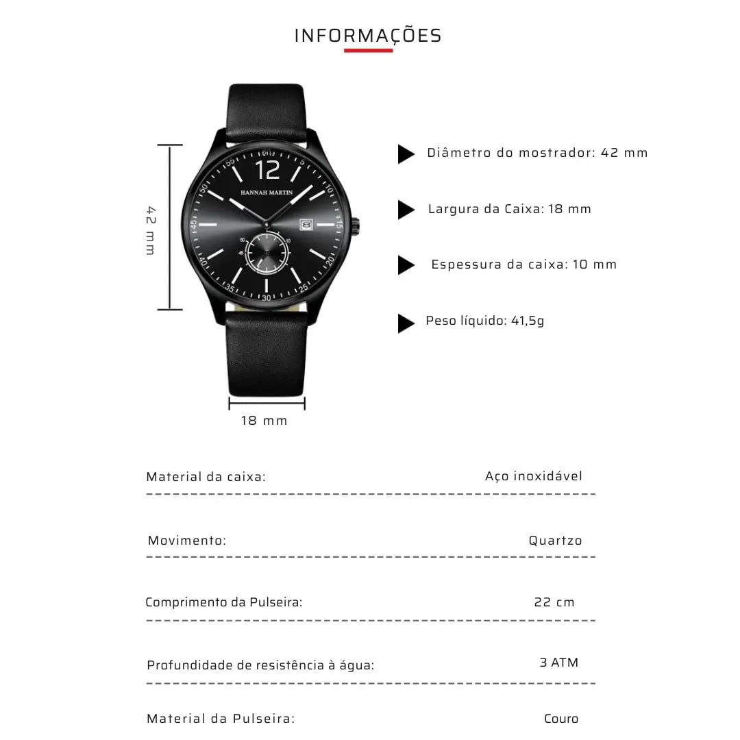 Relógio Masculino Pulseira de Couro Quartzo Hannah Martin Business
