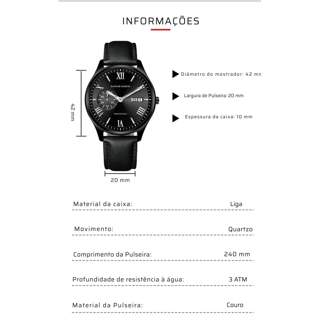 Relógio Masculino Pulseira de Couro Quartzo Hannah Martin Executive
