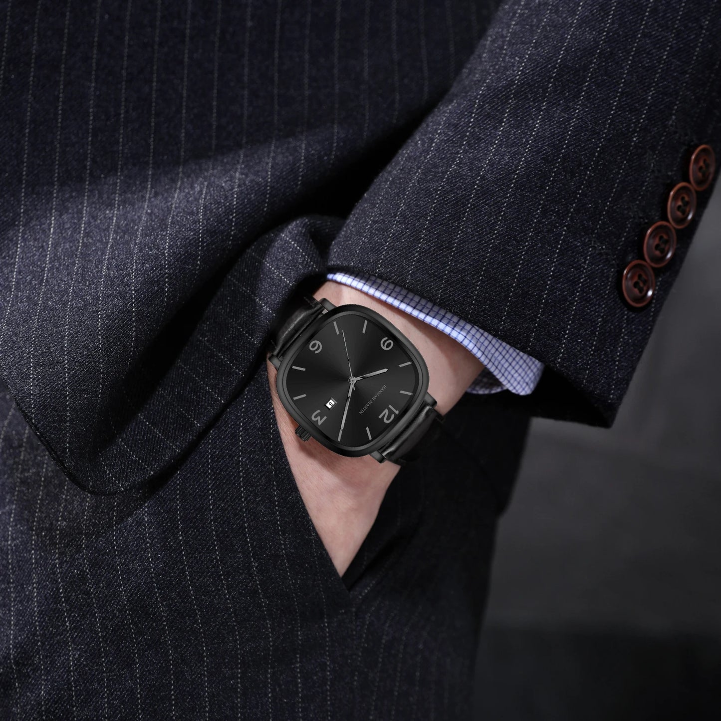 Relógio Masculino Pulseira de Couro Quartzo Hannah Martin Square