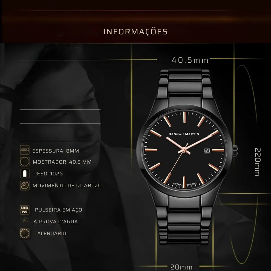 Relógio Masculino em Aço Inox Quartzo Hannah Martin Black