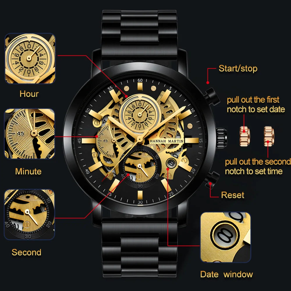 Relógio Masculino Aço Inox Quartzo Hannah Martin Engine