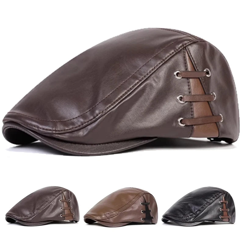 Boina Masculina em Couro Ecológico com Amarração Retro