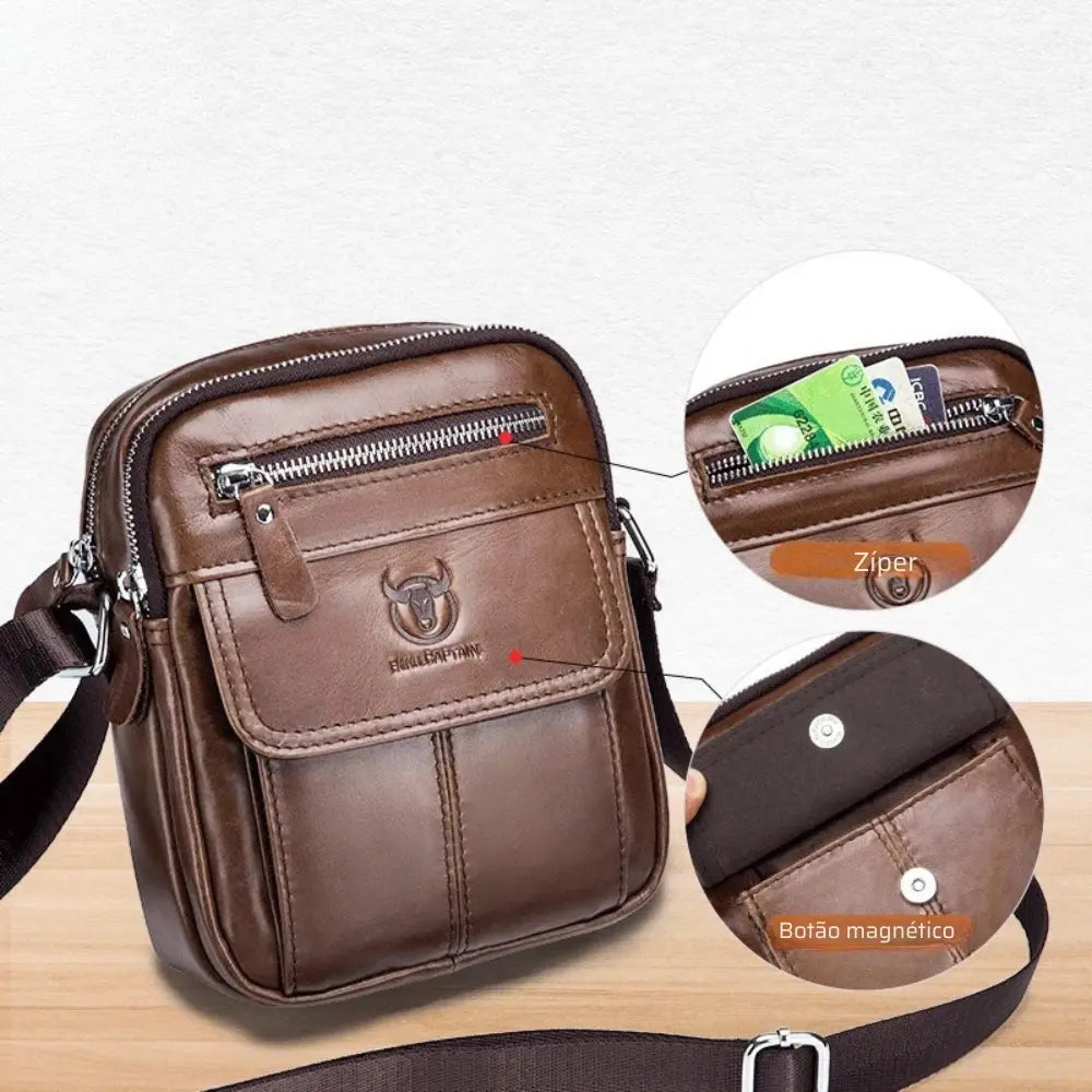 Bolsa Transversal Masculina em Couro Legítimo Bullcaptain Messenger