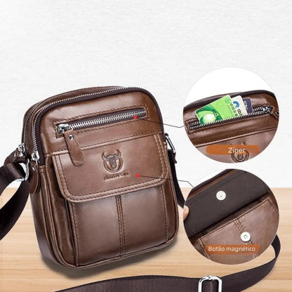 Bolsa Transversal Masculina em Couro Legítimo Bullcaptain Messenger