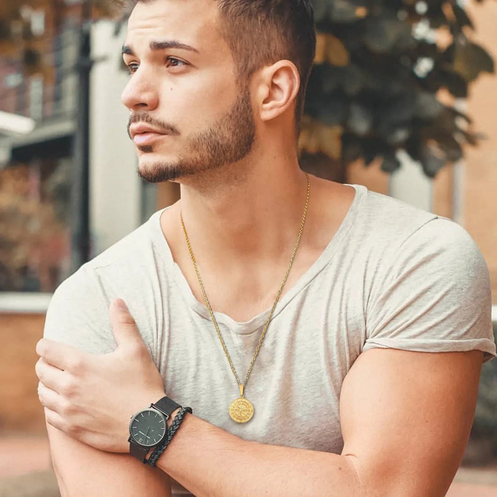 Conjunto de Corrente + Colar Masculino em Aço Inox Compass (2 peças)