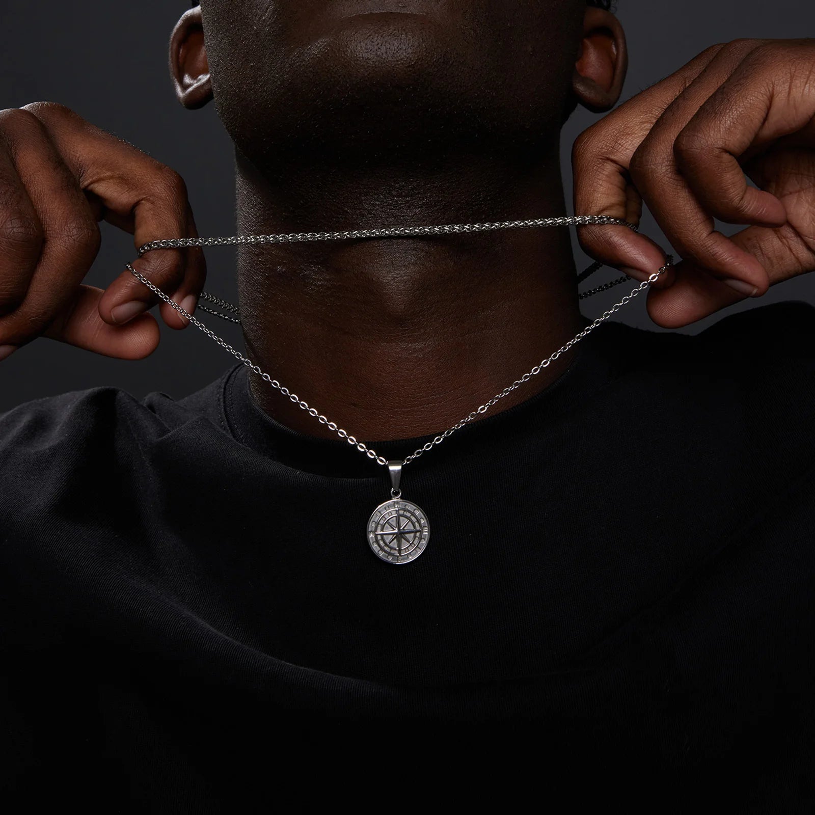 Conjunto de Corrente + Colar Masculino em Aço Inox Compass (2 peças)