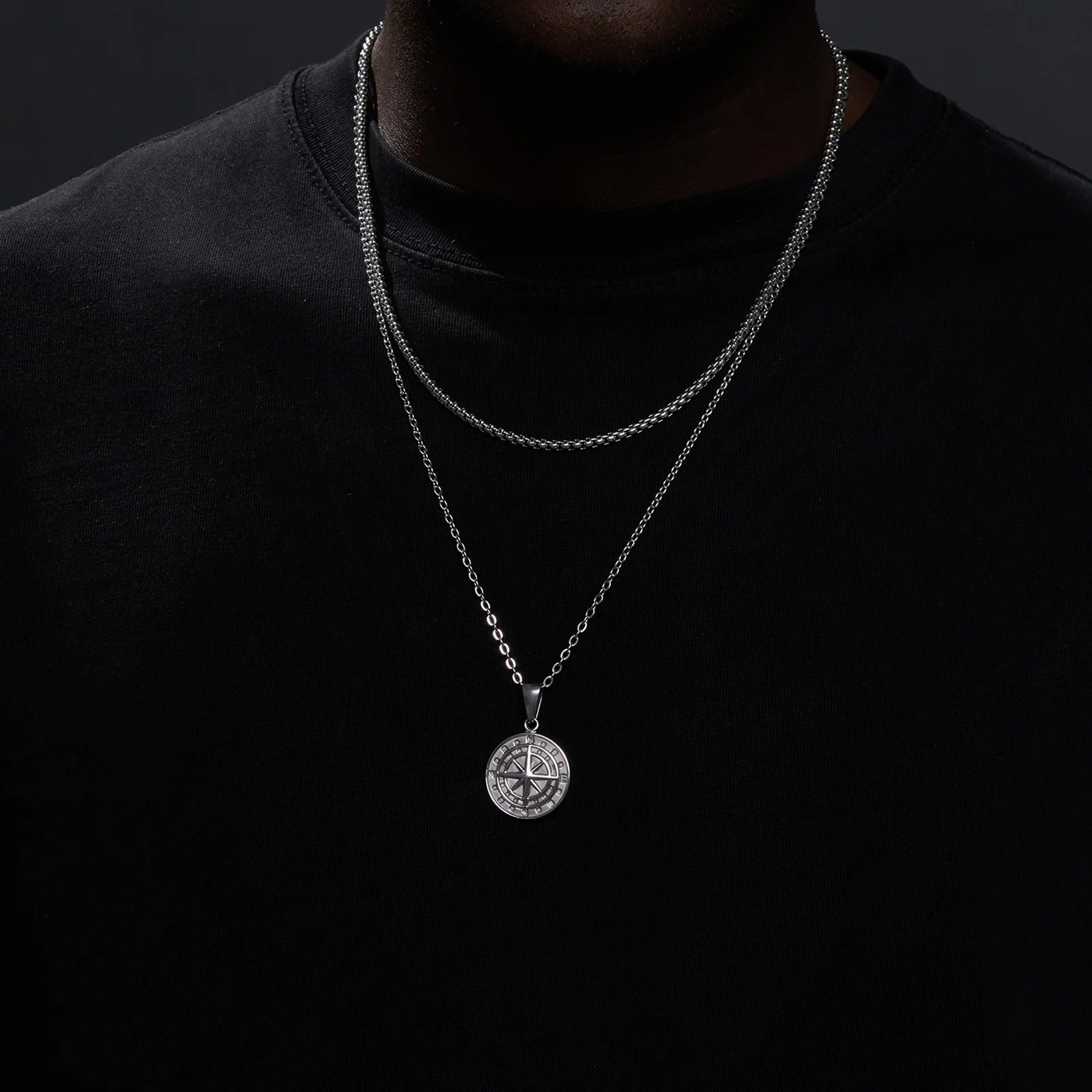 Conjunto de Corrente + Colar Masculino em Aço Inox Compass (2 peças)