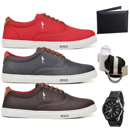 Kit com 3 Pares de Tênis Casual Masculino + Carteira, Relógio e Cinto de Brinde!