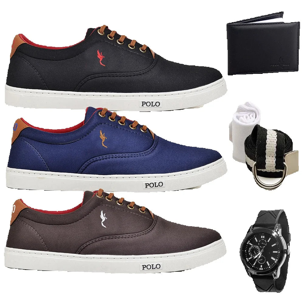 Kit com 3 Pares de Tênis Casual Masculino + Carteira, Relógio e Cinto de Brinde!