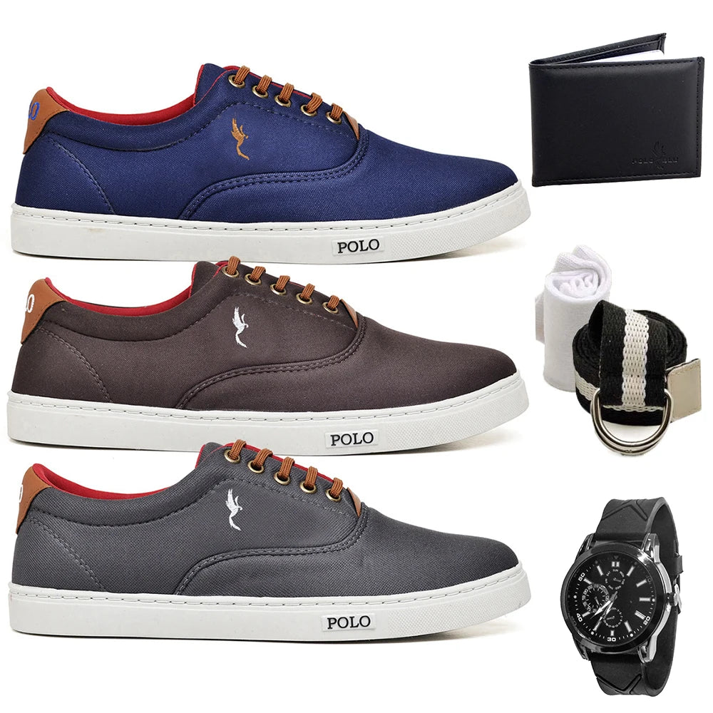 Kit com 3 Pares de Tênis Casual Masculino + Carteira, Relógio e Cinto de Brinde!
