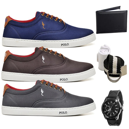 Kit com 3 Pares de Tênis Casual Masculino + Carteira, Relógio e Cinto de Brinde!