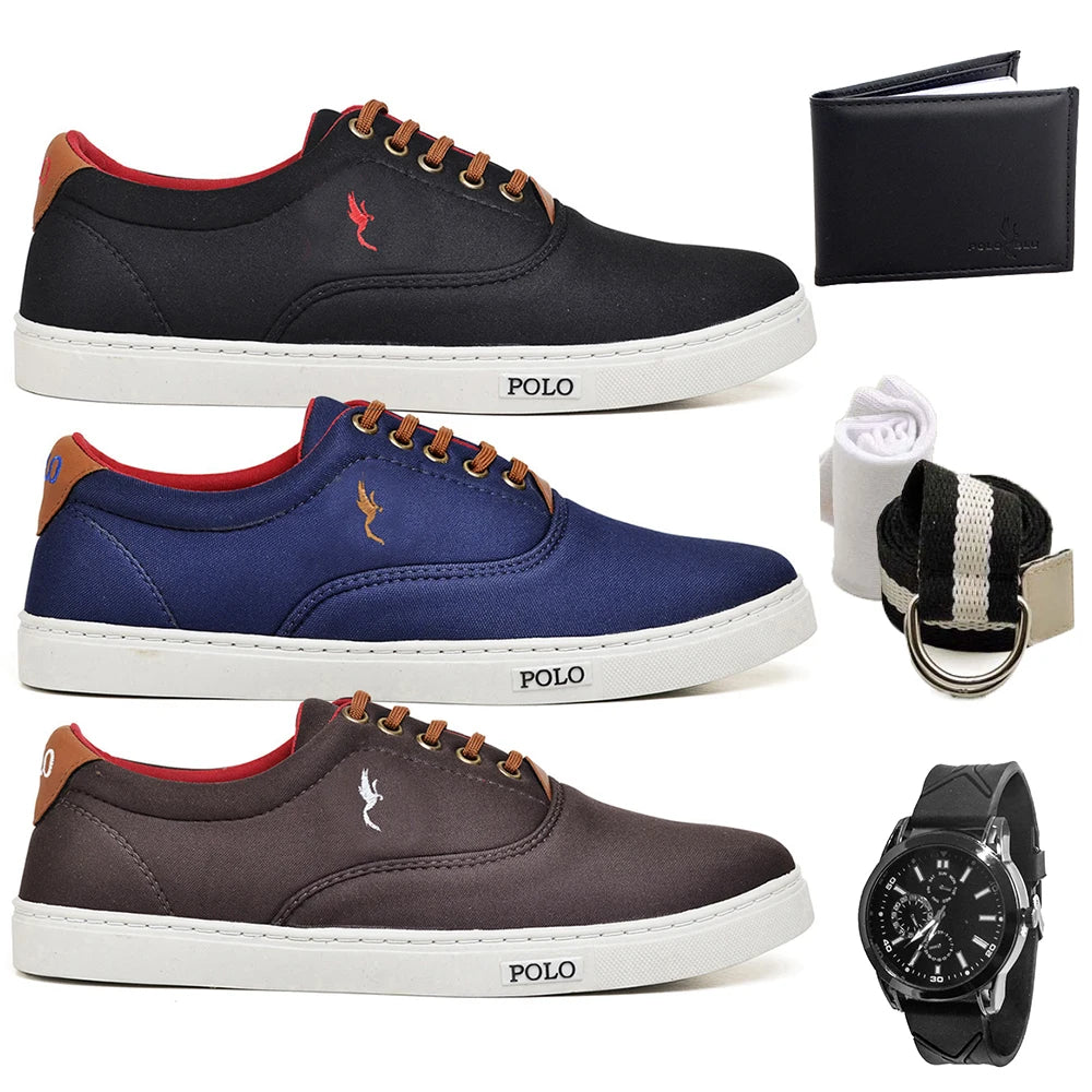 Kit com 3 Pares de Tênis Casual Masculino + Carteira, Relógio e Cinto de Brinde!