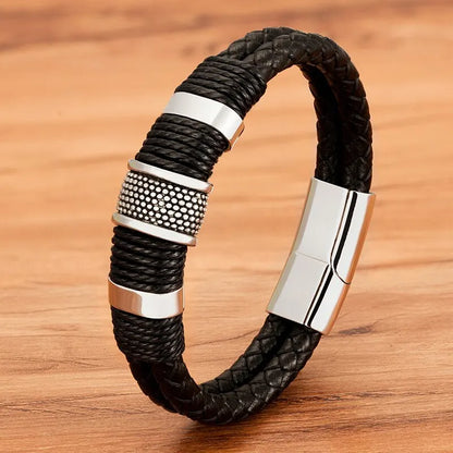 Pulseira Masculina em Couro e Aço Argus