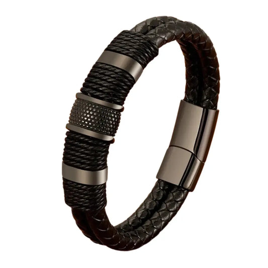 Pulseira Masculina em Couro e Aço Argus