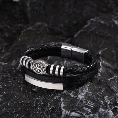 Pulseira Masculina em Couro e Aço Rune