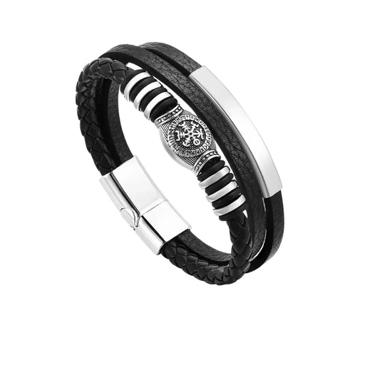 Pulseira Masculina em Couro e Aço Rune