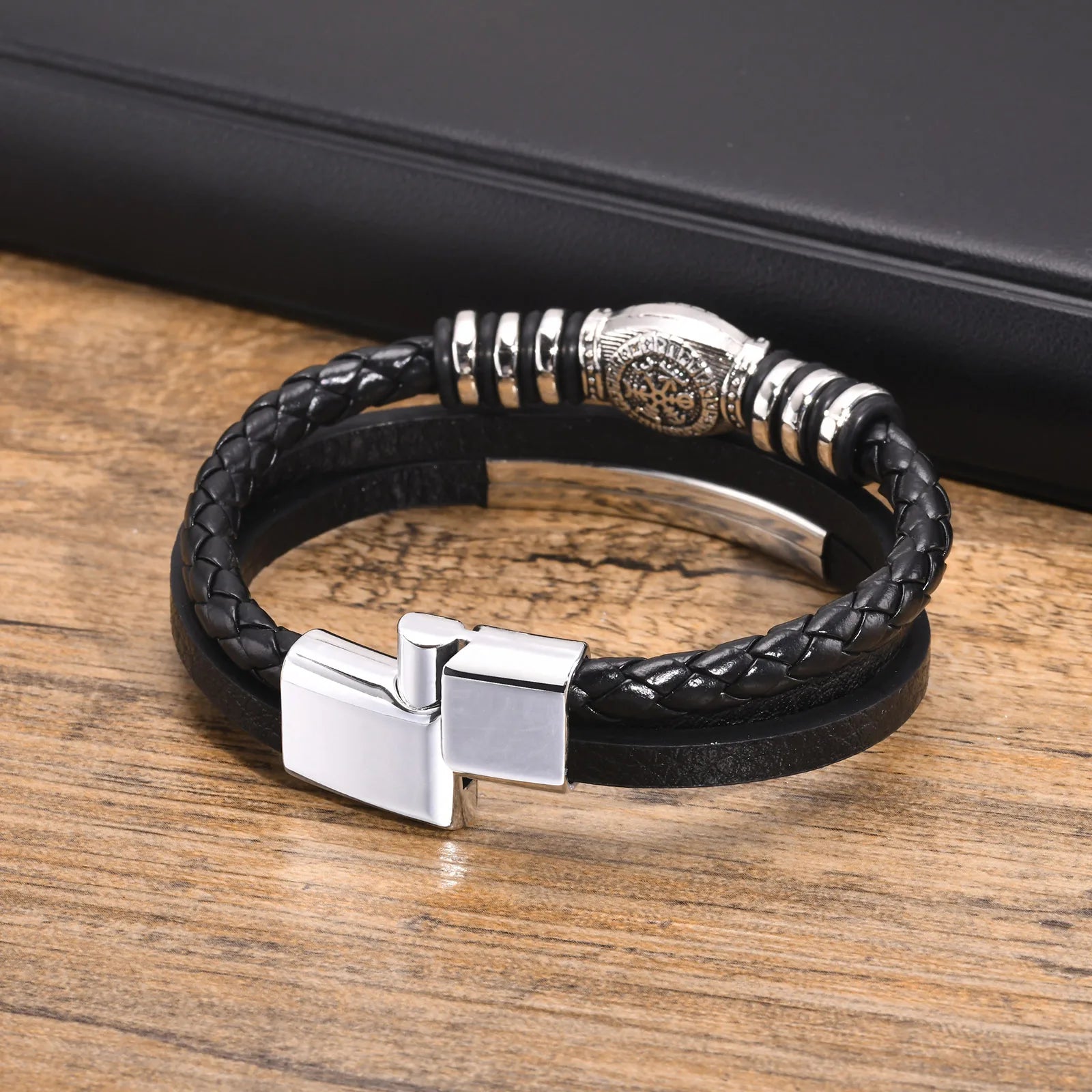 Pulseira Masculina em Couro e Aço Rune