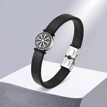 Pulseira Masculina em Couro e Aço Viking Compass